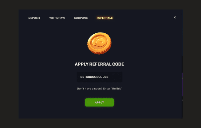 Inserting the Rollbit Referral Code during the registration process