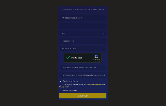 Inserting the BetChain Bonus Code during the registration process