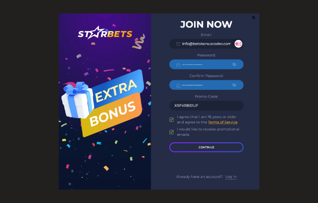 Inserting the StarBets Promo Code during the registration process