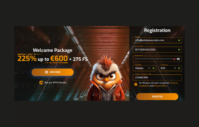 Inserting the Hugo Casino Promo Code during the registration process