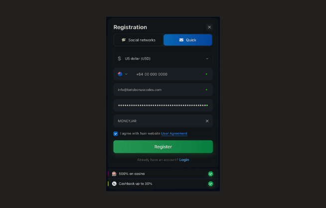 Inserting the 1win Promo Code during the registration process