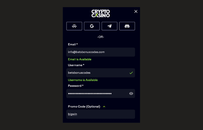 Inserting the CryptoCasino Promo Code